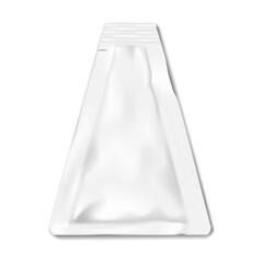 White blank tear notch triangle sachet pouch. Realistic 3d vector mockup. Triangular plastic bag. Mock-up. Food, medical, cosmetic beauty product individual packet package. Template for design