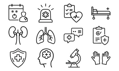 Medical Health Line Icons Set Including Doctor Appointment, Emergency Alert, Kidney, Lung, Brain, And Hospital Equipment In (20)