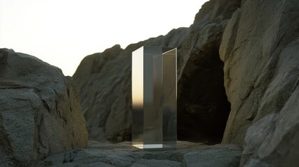 Tall glass monolith standing between large rocks at sunset.