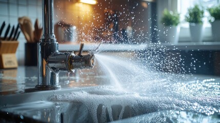 Close-Up of Broken Pipe Under Sink with High-Pressure Water Leak