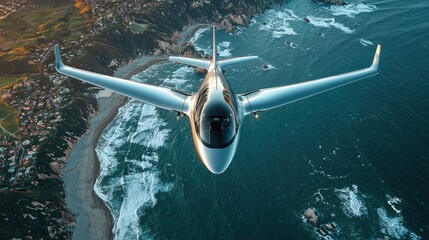 Compact Electric Aircraft Flying Over Scenic Coastal Landscape
