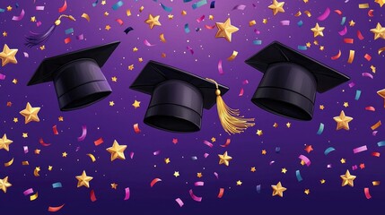 Colorful Cartoon Graduation Caps Flying with Golden Stars and Confetti