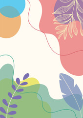 Colorful summer frame with abstract organic shapes with Tropical Leaves.  Sale 50% off.  summer sale, social media promotional content. Vector banner