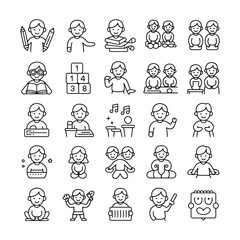 Black and White Line Art Icons Set Children Engaging in Diverse Activities Reading Playing Musical Instruments Learning Numbers Preschool Education
