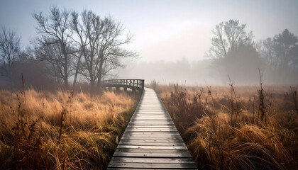 Fototapeta premium Atmospheric Wooden Boardwalk Path Winding Through Golden Marshland on a Misty Morning