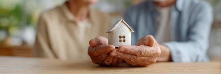 Elderly couple carefully holding a miniature house in their hands, symbolizing their plans for buying a new home, downsizing, or considering real estate investment for retirement