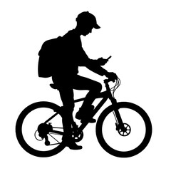 Obraz premium Silhouette of cyclist courier on phone, smart navigation and eco delivery