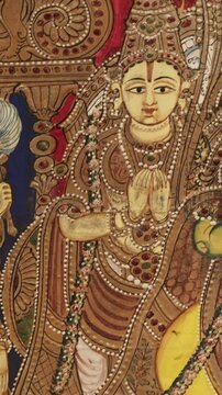 Close-up View On Part Of Ramapattabhisheka Tableau. Scene Has Rama And Sita On Throne, As Hanuman Kneels And Supports Lord Ramas Right Foot. Couple Is Flanked By Ramas Brothers, Vibhishana, Allies