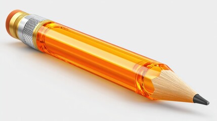 Pencil made of orange translucent glass with tip and eraser on clean white background.
