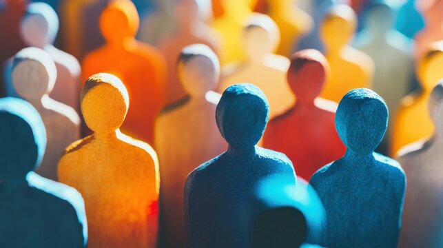 Colorful wooden figures representing diverse community, unity, social connection, teamwork, abstract art with soft focus and blurred background
