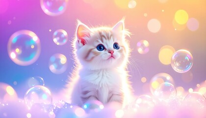 Adorable Kitten in a Dreamy, Pastel Bubble World