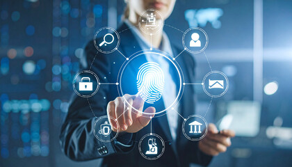 A businesswoman interacting with a digital interface, focusing on fingerprint recognition and security.