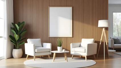 Minimalist living room interior with two armchairs, and a large blank frame on a plain white wall.
