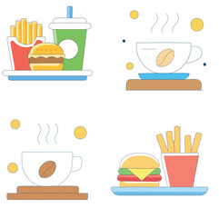 Fast food and hot beverages with coffee beans burger french fries
