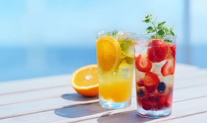 Fototapeta premium Colorful sparkling fruit drink with citrus and berries, placed on an outdoor table under a clear blue sky