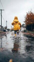 A young child is running through a puddle of water in a yellow raincoat