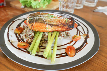 grilled salmon,salmon steak or fish steak and quinoa or rice