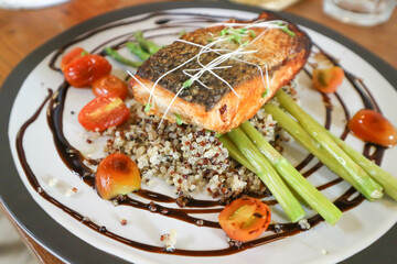 grilled salmon,salmon steak or fish steak and quinoa or rice