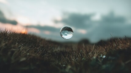 Small glass sphere hovering over grassy terrain with blurry twilight sky.