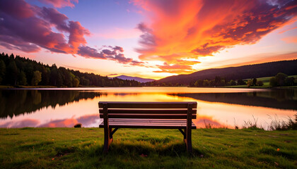 Empty Wooden Bench Facing Vibrant Sunset Sky Over Calm Lake with Mountain Reflections