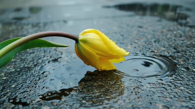 Single Drooping Flower on Wet Pavement with Rain-Soaked Petals