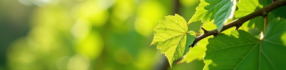 Delicate, pale green leaves unfurl on a grapevine trellis in early spring sunlight , growth, trellis, environment