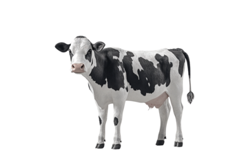 A holstein cow stands isolated on a transparent background