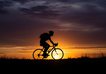 Obraz premium Cyclist rides bicycle at sunset silhouette sport outdoor activity