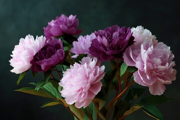 Vibrant pink and purple peonies in full bloom against dark background