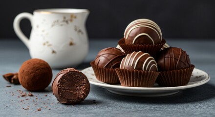 A stack of chocolate truffles on a plate with a pitcher and a cut truffle on a gray surface