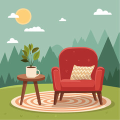 Cozy corner with a soft armchair and a steaming mug on a woven blanket