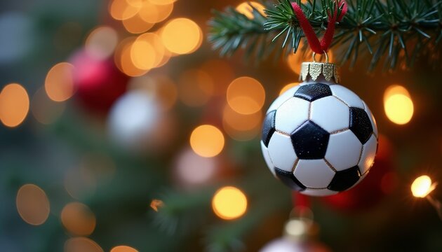 Christmas ornament shaped like a black and white soccer ball hangs on a fir branch. Soft bokeh lights glow in the background, holiday atmosphere with space for text. Soccer and Christmas 