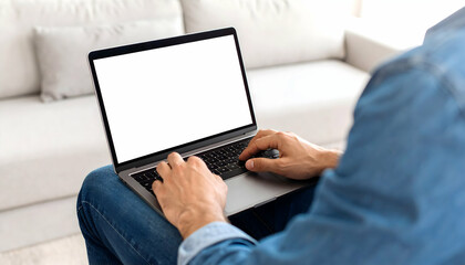 Fototapeta premium Hands Typing on Laptop with Blank White Screen Sitting on Sofa in Bright Home Office Environment