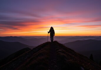 Hiker silhouette on mountain peak at sunset landscape adventure