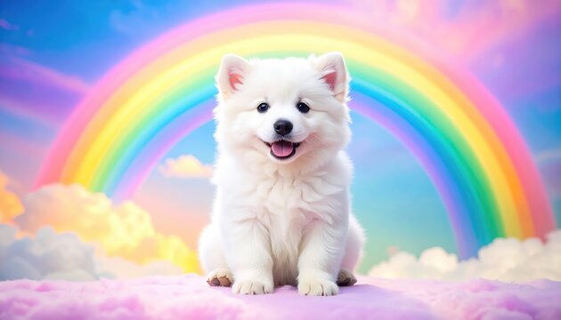 Joyful White Puppy in a Rainbow Dreamscape