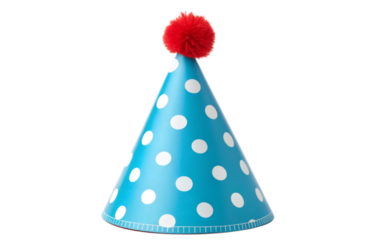 Blue Polka Dot Party Hat with Red Pom – Fun Birthday Celebration Cap