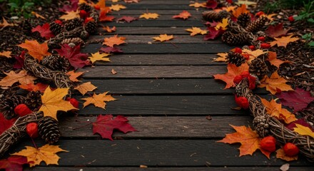 A vibrant autumn pathway adorned with fallen maple leaves and pine cones beckoning a season s walk