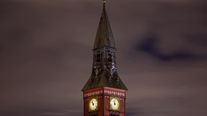 Cloudy Night Timelapse of Copenhagen's Historic Clock Tower Scene