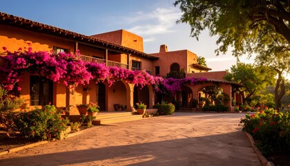 Fototapeta premium Beautiful Hacienda with Bougainvillea Flowers at Sunset.