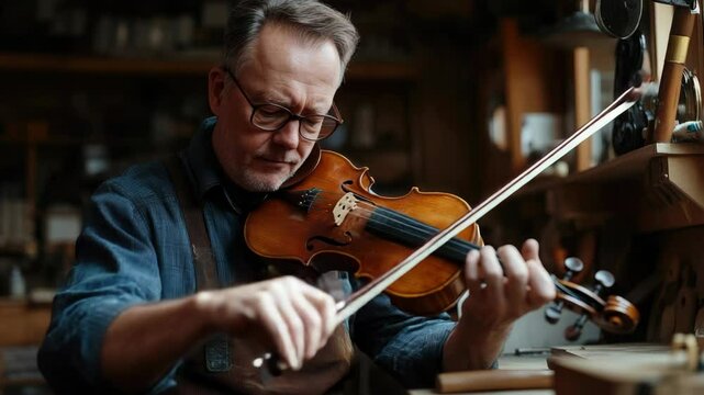 Violin player in workshop crafting string instruments.