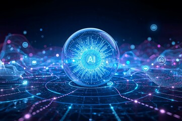 Glowing ai sphere with network connections on a dark blue and purple futuristic background design theme