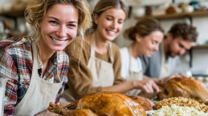 A group of people are smiling and preparing a large turkey dinner
