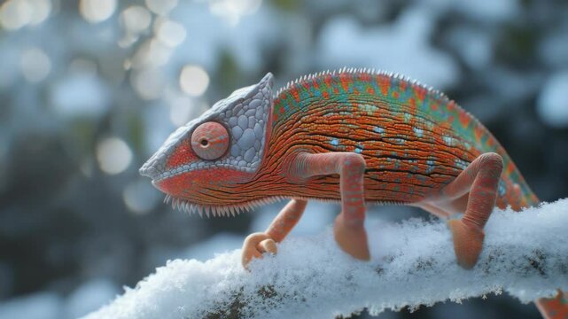 A chameleon is sitting on a branch covered in snow. The chameleon is green and red