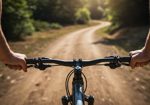 Mountain biking on dirt road through forest first person view