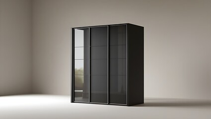 A modern black wardrobe with sliding doors in a minimalist interior setting with neutral background