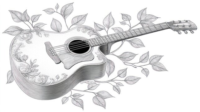 Monochromatic guitar illustration with floral embellishments and leaves