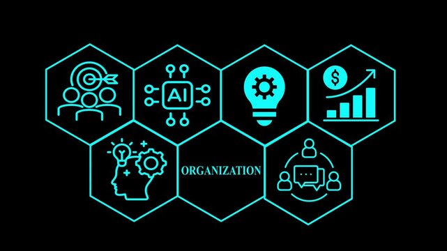 organization concept with icons for ai, strategy, and teamwork on black background,hexagon banner explaining modern business organization principles,presentation slide on corporate structure .