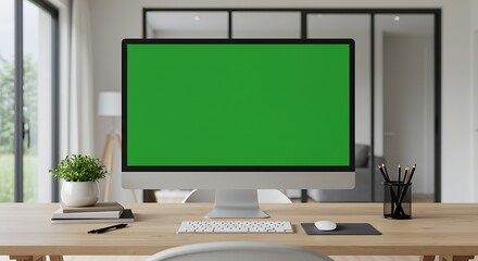 desk work in a quiet workspace. on the screen shows a green screen that can be used as a mock up 14