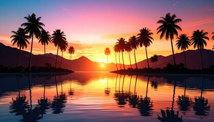 Obraz premium Sunset Silhouette: Tropical Palms Reflecting in Calm Waters