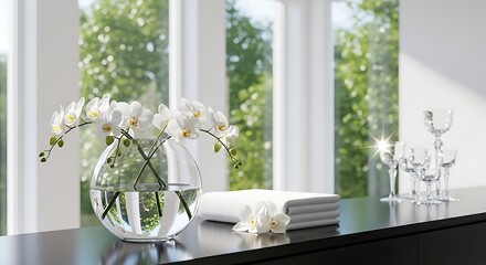 Elegant white orchids in a glass vase with folded white towels and crystal glasses